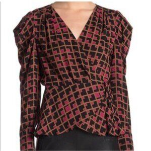 BCBG Max Azria Womens Geometric Print Wrap Blouse XXS Pink Black NEW